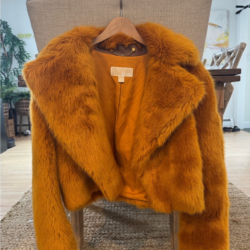 Selena Gomez Michael Kors Faux Fur Jacket in Rich Orange Yellow OMITB